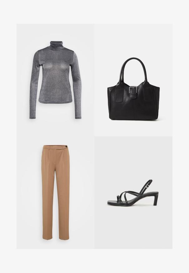 Dolga majica s turtleneck ovratnikom iz metalno srebrnega materiala. Gladka tekstura, prilega se telesu, z rahlim sijajem in visokim ovratnikom.; Rjave krojene hlače s ravnimi nogavicami, ki imajo enojno zapiranje z gumbom in nabran sprednji del. Gladka tekstura, minimalistični slog.; Črne natikače s trakovi in kvadratnim prstom ter nizkim blokastim peto. Imajo več tankih trakov in nastavljiv trak okoli gležnja. Narejene so iz gladkega usnja.; Črna usnjena torba s gladko teksturo, strukturirano obliko, dvema ročkama in izrazitim srebrnim sponko na sprednji strani.