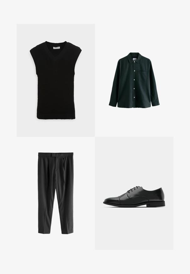 Melnā bezpiegu dzijas veste ar V veida kakla izgriezumu un ribota tekstūra, ar gludu apakšmalu un bez papildu rotājumiem.; Tumši zaļš krekls ar apkakli, garām piedurknēm un vienu krūšu kabatu; ir baltas pogas un maiga tekstūra.; Next REGULAR FIT -CHECK SMART - Chinos tipa bikses - black; Melnas ādas vadmalas kurpes ar noapaļotu purngalu, saistījuma dizains, smalkas izšuvumu detaļas un zema papēža. Gluda tekstūra ar spīdīgu apdari.
