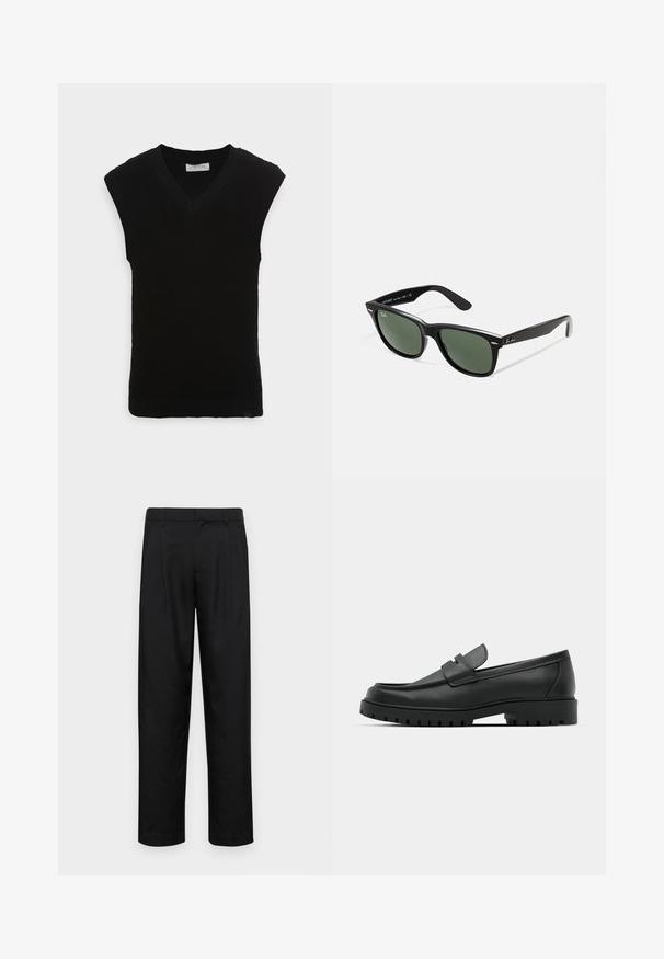 Schwarze ärmellose Strickweste mit V-Ausschnitt und geripptem Muster, mit einem glatten Saum und ohne zusätzliche Verzierungen.; Schwarze Hose aus glattem Stoff, mit geradem Bein Design, zwei vorderen Falten und einem Standardbund mit Gürtelschlaufen.; Schwarze Lederloafer mit runder Zehenform, ausgestattet mit einem gesteppten Design, niedrigem Plattformsohle und einer strukturierten, genoppten Gummisohle.; Schwarze Plastiksonnenbrille mit grünen Gläsern, quadratischen Rahmen, silbernem Akzent auf der Augenbraue und strukturierten Bügeln. Angegebene Marke auf dem inneren Bügel.