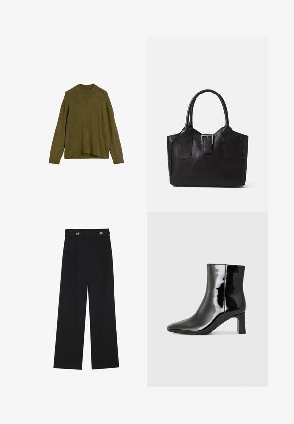Olive green knit sweater with a ribbed round neck, drop shoulders, and a loose fit. The hem is slightly longer at the back.; Black wide-leg trousers with high waist, button details on waistband, and front pleats.; Black patent leather ankle boot with a pointed toe and a mid-height block heel. Smooth texture and minimalist design.; Black leather tote bag with smooth texture, structured shape, two handles, and a prominent silver buckle detail on the front.