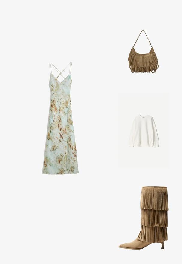 Bershka Melegítőfelső - white; Spagetti pántos maxi ruha világos zöld, vízfesték-szerű mintával, földszínű barna részletekkel. Simogató anyag, lágy mozgású sziluett.; Kávébarna velúr szárú csuklócsizma, háromrétegű frufruval. Hegyes orr és alacsony blokk sarkú. Az anyag sima textúrájú.; Barna velúr kézitáska hosszú rojtos részletekkel, ívelt formával és egyetlen vállpánttal. Simító, texturált felülettel rendelkezik.