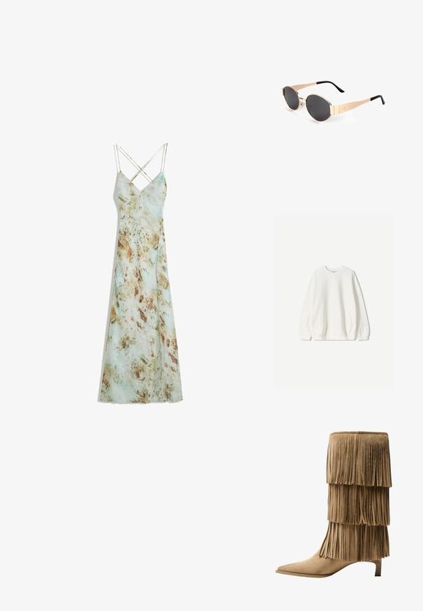 Bershka Mikina - white; Maxi šaty na ramienkach s jemne zeleným, akvarelovým vzorom s prírodnými hnedými akcentmi. Hladká tkanina s voľným strihom.; Krajkové členkové topánky z hnedej semišovej kože s tromi vrstvami franje. Špicatá špička a nízky blokový podpätok. Hladká štruktúra po celej ploche.; Okuliare v zlatej farbe v oválnom tvare s tmavými šošovkami, ktoré majú štýlový dizajn, tenké ramienka a čierny akcent na spánku. Model číslo L37.