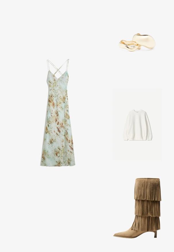 Bershka Felpa - white; Abito lungo con spalline sottili, caratterizzato da un motivo verde chiaro simile a un acquarello con accenti marroni terrosi. Tessuto morbido con una silhouette fluida.; Stivale alla caviglia in suede color ocra con tre strati di frange. Punta affusolata e tacco basso a blocco. Texture liscia su tutta la superficie.; Orecchini color oro con una forma organica simile a un fagiolo e una superficie liscia e riflettente; presentano un design minimalista senza hardware visibile.