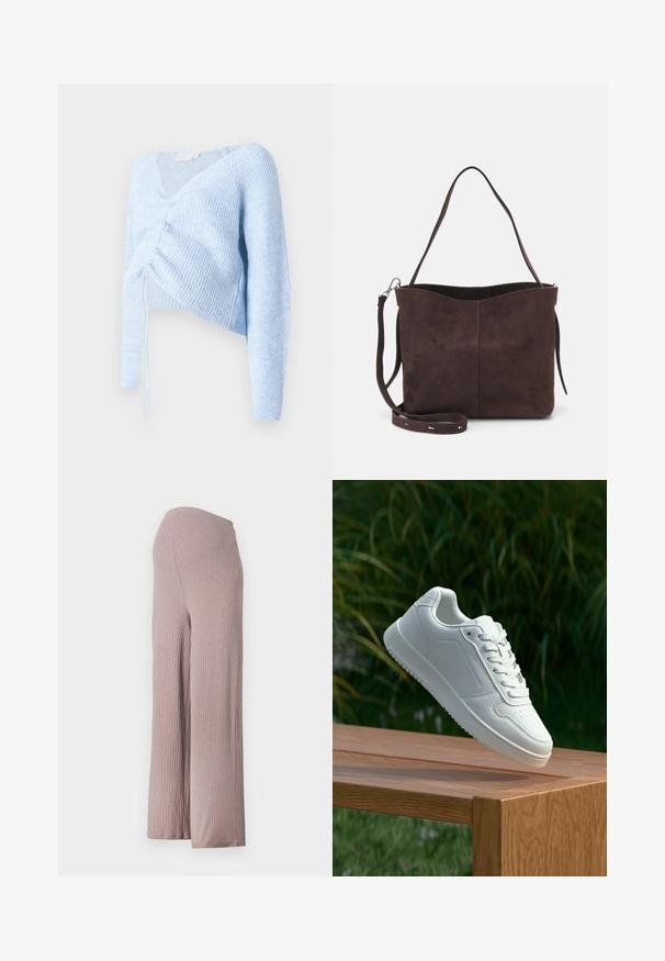 Világoskék, rövid fazonú pulóver V-kivágással, hosszú ujjakkal, bordázott textúrával és összehúzott elülső résszel, állítható kötőkkel.; Világos rózsaszín, bordázott, bő szárú nadrág sima derékkal, puha, textúrált anyaggal és laza sziluettel.; Fehér sportcipő sima szintetikus felsőrésszel, perforált lábujjrész, lapos fűzőkkel és texturált talppal, fából készült felületen kihelyezve.; Barna velúrbőr táska puha tapintással, egyetlen vállpánttal és finoman ívelt felső nyitással. Nincs látható fémrész.
