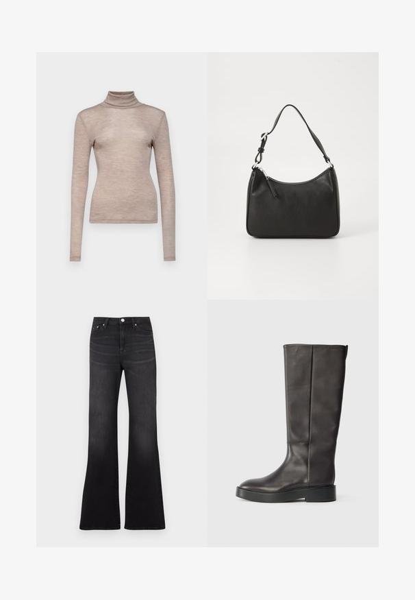 Svetr s dlouhým rukávem a vysokým límcem z jemné, světle béžové látky. Zúžený střih s hladkým povrchem.; Černé džíny s rozšířenými nohavicemi z denimu, s vysokým pasem, pěti kapsami a jemným vyblednutím směrem k lemu nohavic.; Černé kožené vysoké boty až ke kolenům s silnou podrážkou a diskrétním logem Calvin Klein blízko horního okraje, zobrazené ze strany.; Černá kožená kabelka s zakřiveným tvarem, s jedním popruhem, zipovým uzávěrem a decentním logem na přední straně. Hladká textura, minimalistický design.