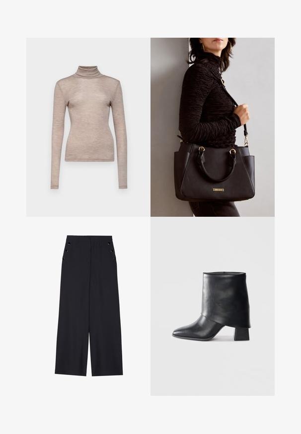 Pikkade varrukatega kõrge kaelusega turtleneck-särgid pehmest, heledast beežist kangast. Keha järgiv disain, sujuva tekstuuriga ja kõrge kraega.; Laiad püksid tumesinises kangas, millel on sile tekstuur, ees pleedid ja dekoratiivsed kuldset värvi järgipuuaugud küljetaskutel.; Mustad nahast pahkluuring, millel on terav varvas, sile tekstuur ja struktureeritud plokknakk. Omab kõrget, volditud suud.; Musthave must kott, millel on tekstuurne pind, kaks ülemist käepidet ja reguleeritav õlarihm. Omab kuldse tooni riistu ja külgtaskuid.