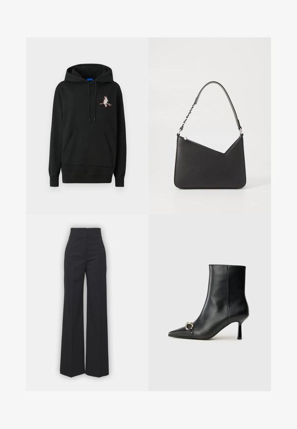 Mustat hupparipusero, jossa on etutasku. Siinä on värikäs brodeerattu kuvio rinnan kohdalla. Valmistettu pehmeästä, tekstuurisesta kankaasta.; Suorat lahkeet mustassa kankaassa, korkea vyötärö, siisti viimeistely ja sileä pinta. Ei näkyvää varustusta tai kuvioita.; Musta nahkasaapas nilkkapituisilla, terävillä kärjillä, hoikalla keskipituisella korolla ja hopeavöillä sivussa yksinkertaista taustaa vasten.; Musta nahkakäekott kolmnurga kujuga, peene rihmaga ja hõbedaste detailidega. Omab lukuga sulgemist ja esiküljel on reljeefne logo.