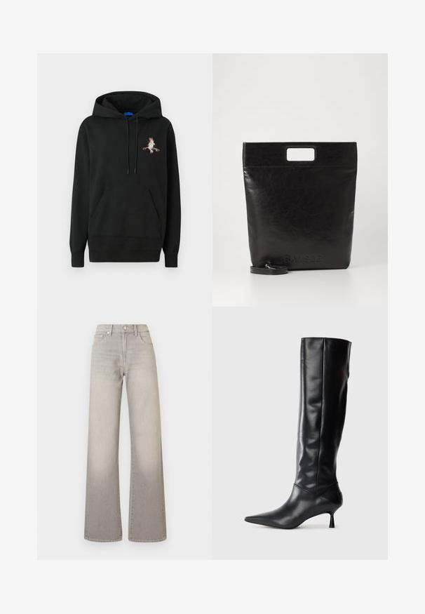 Zwarte hoodie met een voorzak. Heeft een kleurrijk geborduurd ontwerp op de borst. Gemaakt van zachte, gestructureerde stof.; Grijze wijde jeans met een vervaagde afwerking, knoopsluiting, vijfzakkenontwerp en gestikte details langs de naden.; Zwarte leren kniehoge laars met een spitse neus en slanke gebogen hak. Gladde textuur, aansluitend ontwerp en geen zichtbare hardware of patronen.; Zwarte leren draagtas met een vierkant handvat, met een gestructureerde afwerking en een reliëflogo. Inclusief een afneembare schouderband.