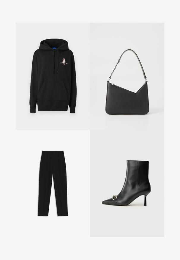 Felpa nera con cappuccio e tasca frontale. Presenta un design colorato ricamato sul petto. Realizzata in tessuto morbido e strutturato.; Pantaloni neri a taglio dritto, con doppie pieghe, una texture liscia e un design classico in vita. Nessun hardware o dettaglio visibile.; Stivale alla caviglia in pelle nera con punta affusolata, tacco sottile di media altezza e dettaglio in fibbia argentata sul lato, su sfondo semplice.; Borsa a mano in pelle nera con forma triangolare, una tracolla sottile e accessori in argento. Presenta una chiusura con zip e un logo impresso sul davanti.