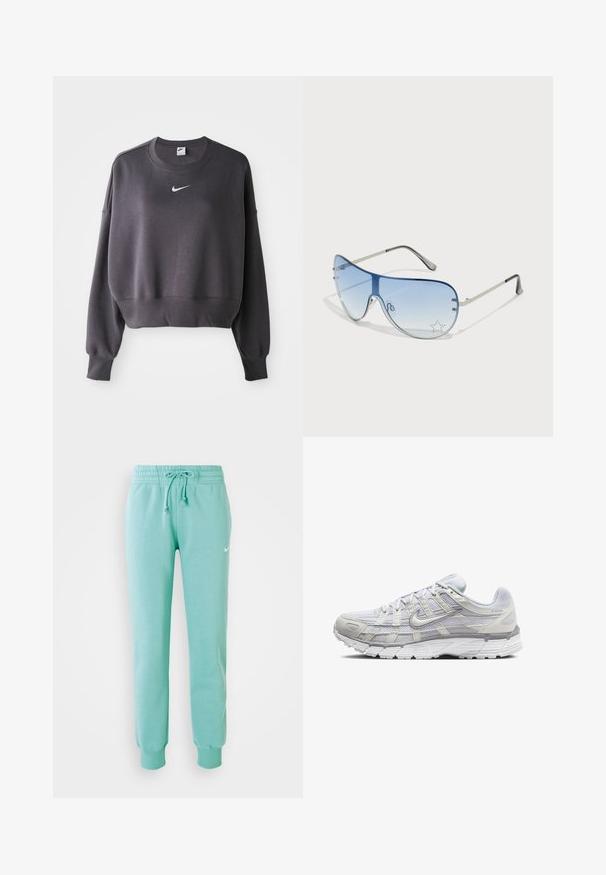 Sweatshirt de crewneck Nike cinza escuro com mangas longas e logótipo branco da Nike em forma de swoosh centrado no peito, sobre um fundo branco.; Calças de moletão verde menta com uma cintura elástica, cordão e punhos canelados. Apresenta um pequeno logotipo branco da Nike na coxa esquerda.; Sapatos atléticos cinza claro com parte superior em malha e sintético, apresentando um fecho de cordões, colarinho acolchoado e sola texturizada para aderência.; Óculos de sol aviador com lentes azuis em degradê, armação metálica prateada e detalhes decorativos de estrelas nas lentes. Design suave e elegante.