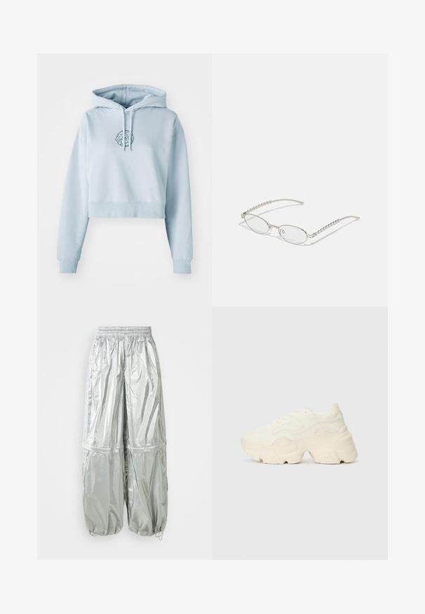Light blue cropped hoodie made from soft fabric. Features a drawstring hood and a circular logo embroidered in teal on the chest.; Silver lightweight cargo pants with a shiny texture, elastic waistband, gathered cuffs, and two large front pockets.; Chunky white sneakers made of textured mesh and synthetic materials, featuring a thick sole and intricate pattern details along the sides.; Oval glasses with a metallic silver frame, clear lenses, and textured beaded temple accents. Lightweight design with curved arms.