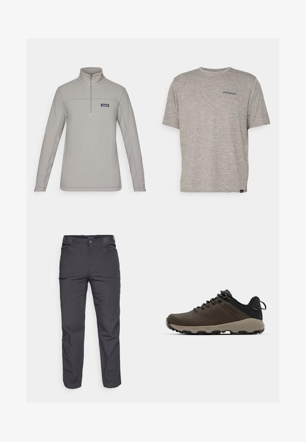 Pulôver cinza em fleece com gola alta, fecho de meio zíper e costura contrastante. Apresenta um pequeno logótipo no lado esquerdo do peito.; Camiseta cinza de manga curta feita de um tecido suave e texturizado, com um pequeno logo azul da Patagonia no lado esquerdo do peito. Sem padrões adicionais.; Calças cinza-escuras feitas de um tecido durável, com um bolso com fecho éclair, corte reto e passantes para cinto para um ajuste ajustável.; Ténis impermeáveis castanhos com um upper texturizado, detalhes perfurados, apoio para o calcanhar preto e uma sola de borracha cinza. Os atacadores têm extremidades metálicas.