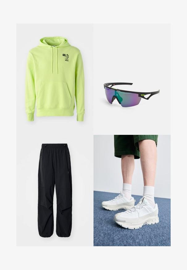 Felpa verde neon realizzata in tessuto morbido, con tasca frontale, cappuccio regolabile con cordino e una piccola grafica di un astronauta nera sul petto.; Pantaloni cargo leggeri neri con elastico in vita, zip laterali e tasche ampie. Caratterizzati da una vestibilità comoda e fondi a gamba affusolata.; Scarpe da ginnastica bianche con sovrapposizioni testurizzate, suola spessa e accenti grigi. Indossate con calze corte bianche e pantaloni corti verdi su una superficie blu.; Occhiali da sole sportivi con montatura nera, grandi lenti a gradiente con sfumature viola e verdi, e dettagli di design angolari con logo.