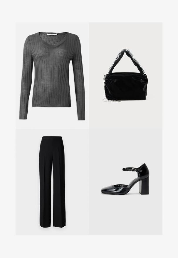 Pelēks garām piedurknēm V veida kakla džemperis ar ribota tekstūra un pieguļošu griezumu. Materiāls izskatās viegls un nedaudz caurspīdīgs ar vertikālām svītrām.; Melni platleği bikses ar gludu tekstūru, ar augstu jostasvietu un centrālajām krokām. Nav redzamu rakstu vai aparatūras detaļu.; Melna lakota ādas augstpapēžu kurpes ar kvadrātu purngalu, potītes siksniņu un masīlu papēdi. Iekļauj perforētu apdari gar malu.; Melnā mākslīgās ādas rokassomu ar teksturētu apdari, kas piedāvā pērlītēm rotātu sudraba akcentu augšējā rokturī un ķēdes siksnu.