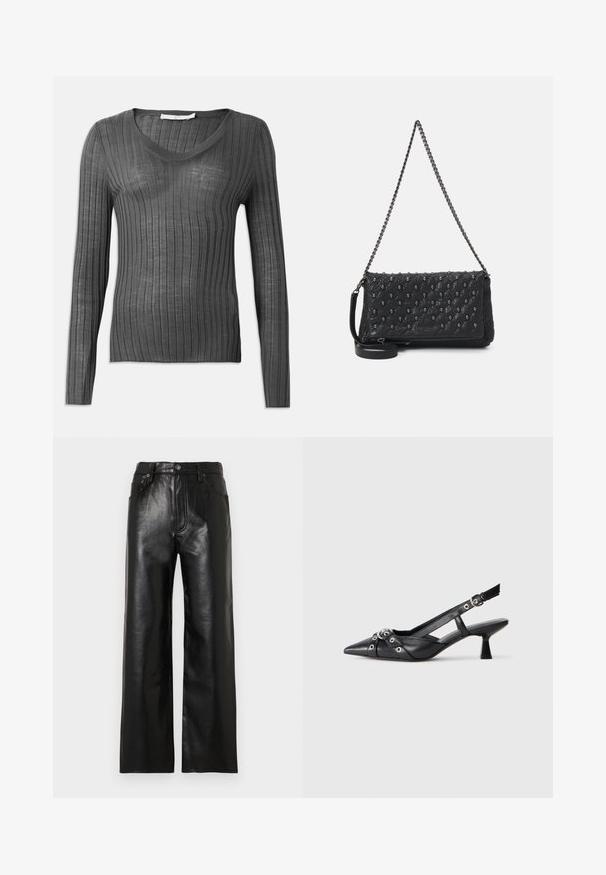 Grå långärmad V-ringad tröja med ribbad textur och figursydd design. Materialet verkar lätt och något genomskinligt med vertikala ränder.; Svarta läderbyxor med vida ben och glansig finish, med framfickor, dragkedja och knappstängning. Mjuk textur över hela.; Svart lädersko med slingback-design, spetsig tå, dekorativa remmar med metallöglor och en låg klack. Texturerad yta.; Svart kviltad läderväska med kedjerem, med dödskalleaccent och dragkedjestängning. Texturerad yta med en glänsande finish.