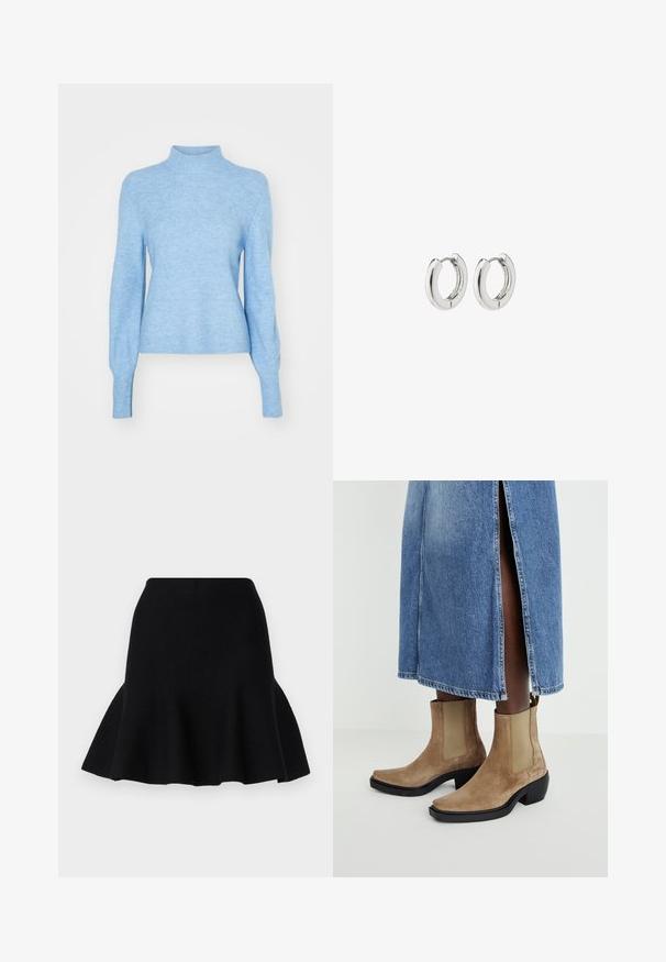 Maglione a maglia blu chiaro con colletto alto, maniche lunghe e texture a coste. Presenta una silhouette aderente e una finitura liscia.; Gonna nera svasata realizzata in tessuto morbido. Presenta una vita adatta e un orlo ondulato, creando un aspetto a strati.; Stivali ankle in camoscio color nocciola con pannelli elastici laterali e tacco a blocco nero. Indossati con una gonna di jeans azzurro chiaro con uno spacco laterale.; Orecchini a cerchio in argento con una finitura lucida, caratterizzati da un design circolare e cerniere senza soluzione di continuità, che mostrano una superficie liscia.
