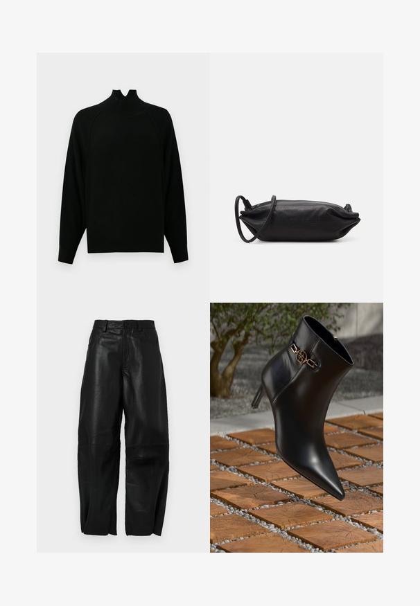 Čierny sveter s vysokým golierom, dlhými rukávmi, rebrovanou textúrou a voľným strihom. Obsahuje jedinečný výrez na dekolte.; Čierna blúzka s dlhými priesvitnými rukávmi, s prednými prehybmi a vrstvenou látkovou kvetinovou ozdobou na ľavom ramene. Zapínanie na gombík pri krku.; Čierne kožené nohavice s voľným strihom, so sofistikovaným rovnými nohavicami, prednými vreckami a viditeľnými švami.; Čierna kožená členková obuv s špicatou špičkou a malým podpätkom. Má zlatý reťazový detail na členku. Okolo je textúrovaný kamenný povrch.; Čierna kožená kabelka s obdĺžnikovým tvarom, hladkým povrchom, tenkým popruhom na plece a minimalistickým dizajnom.