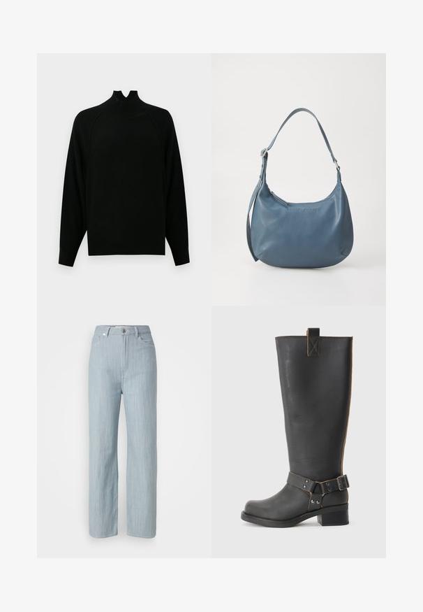 Černý svetr s krátkým stojáčkem a dlouhými rukávy, s jemným žebrovaným vzorem a uvolněným střihem. Obsahuje jedinečný výřez v oblasti výstřihu.; Světlé modré džíny rovného střihu z denimu. Obsahují pět kapes, kovové zapínání a jemné stárnutí pro texturu.; Černé kožené vysoké boty po kolena s texturovaným povrchem, které mají boční kovovou sponu a nízký podpatek. Podrobné šití podél švů.; Modrá kožená kabelka s oblámi tváři, jedním ramenním popruhem, zipovým uzavřením a embosovaným názvem značky na přední straně. Hladký povrch.
