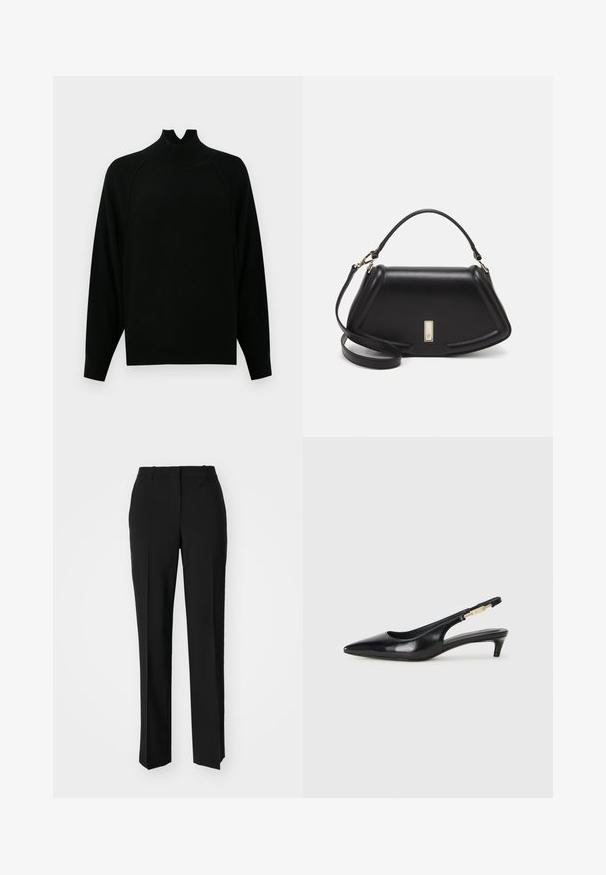 Schwarzer Pullover mit Stehkragen, langen Ärmeln, geripptem Material und lässiger Passform. Bietet ein einzigartiges Ausschnittdesign am Kragen.; Schwarze, taillierte Hose mit geradem Bein, aus einem glatten Stoff und mit klaren Falten an der Vorderseite. Keine sichtbare Hardware.; Schwarze Leder-Slingback-Pumps mit spitzem Schuhblatt, ausgestattet mit einem schlanken Absatz und einem goldfarbigen Akzent am verstellbaren Riemen. Glatte Textur.; Schwarze Lederhandtasche mit einem strukturierten Design, das eine verkürzte Form, einen oberen Griff und goldfarbene Hardware-Details aufweist. Verstellbarer Schulterriemen ist enthalten.
