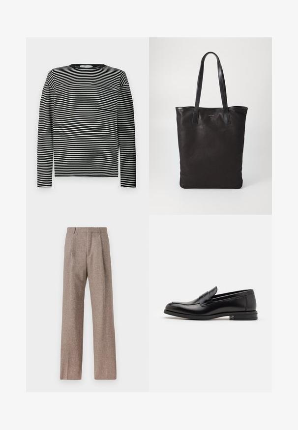 Long-sleeve striped shirt in black and white, featuring a rounded neckline and a small chest pocket on the left side. Smooth cotton fabric.; Brown, high-waisted trousers made of textured fabric. Features wide legs and two front pleats for structure. Neat finish with no visible hardware.; Black leather loafers with a smooth texture, rounded toe, and a decorative strap across the vamp. Low stacked heel, minimalist design.; Black canvas tote bag with black leather handles. Simple design, spacious body, and a smooth texture. No visible logos or patterns.