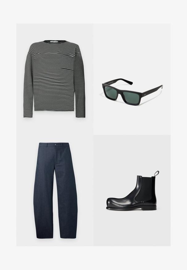 Long-sleeve striped shirt in black and white, featuring a rounded neckline and a small chest pocket on the left side. Smooth cotton fabric.; Dark blue wide-leg trousers made of denim, featuring a button closure, belt loops, and a smooth texture with no visible patterns.; Black leather Chelsea boot with elastic side panels, rounded toe, and a textured outsole. The design emphasizes a sleek, modern profile.; Black rectangular sunglasses with green lenses, featuring a matte finish, straight temples, and the Ray-Ban logo on the side.