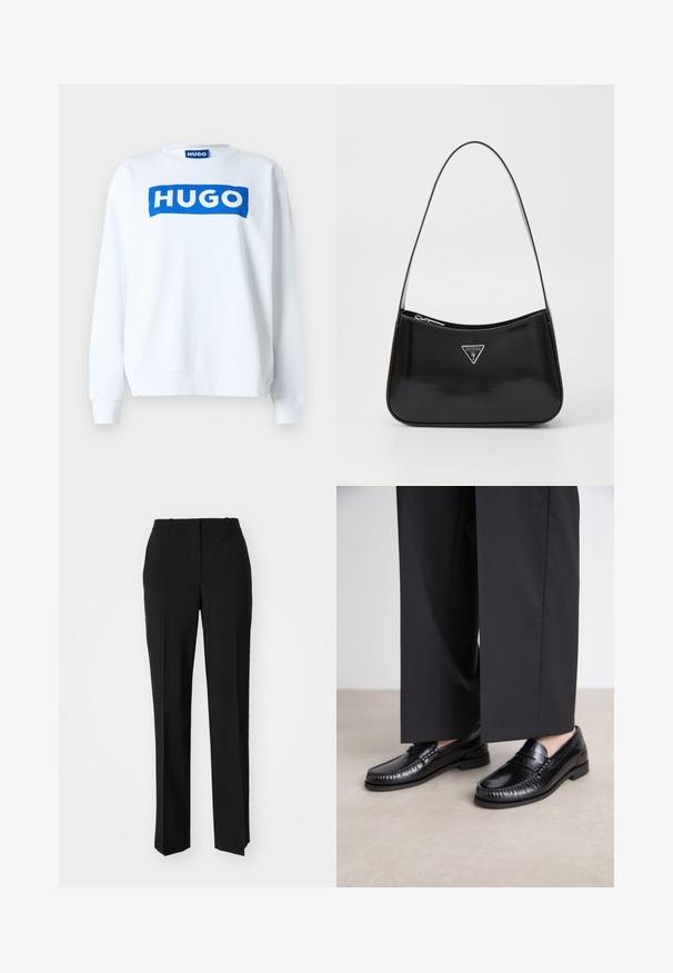 Felpa bianca in morbido misto cotone con una stampa blu del logo "HUGO" sul davanti, scollo a girocollo e polsini e orlo a costine.; Pantaloni neri su misura con un design a gamba dritta, caratterizzati da una texture liscia e pieghe ben definite sul davanti. Senza hardware visibile.; Mocassini in pelle nera con una finitura liscia, dettagli cuciti attorno alla punta e suola in gomma bassa. Abbinati a pantaloni neri larghi.; Borsa a spalla in pelle verniciata nera con forma curva, dotata di logo triangolare in argento e chiusura con zip. Texture liscia e tracolla sottile.