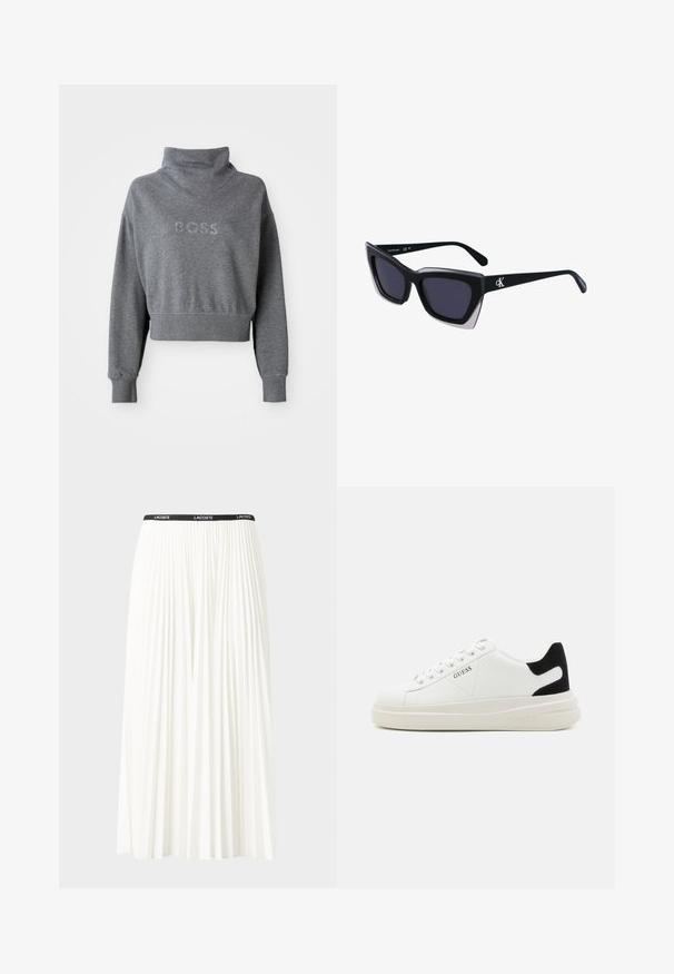 Halljäne halli pusa, millel on kõrge kaelus, rinnal on "BOSS" erinevate sädelustega ning ribalikud varrukad ja alläär. Pehme materjali tekstuur.; Kurtitudega valge seelik musta elastse vööga, millel on "LACOSTE" logo. Keskmise pikkusega disain pehme tekstuuriga.; Valged nahast tennisetossud paksu valge tallaga, musta sametist kontsakeeuga ja külje peal riigilogo reljeefne kujundus. Lukkeskeem kuue silmaauguga.; Mustad suured mustad prillid geomeetrilise kujuga, tumedate läätsedega ja kontrastse halli detailiga raamidel. Logo käe peal.