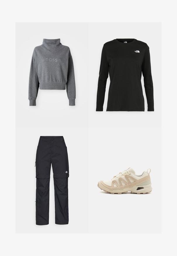 Sweatshirt cinza curto com gola alta, apresentando "BOSS" em strass no peito e punhos e bainha canelados. Textura de material macio.; T-shirt preto de mangas longas, feito de algodão, com decote redondo. Apresenta um pequeno logótipo branco na área esquerda do peito. Design simples e ajuste confortável.; Calças cargo pretas em nylon com fechos de correr removíveis, punhos ajustáveis, múltiplos bolsos e um logótipo na perna direita. Textura suave e leve.; Sapatilha atlética beige e creme com parte superior em malha texturizada, sobreposições de suporte e sola de borracha com um padrão de cravo para tração.