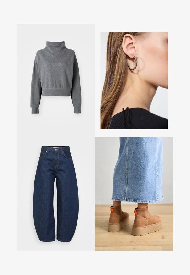 Szürke, rövidített pulóver magas gallérral, elöl strasszkövekkel kirakva a "BOSS" felirattal, bordázott mandzsettákkal és aljjal. Puha anyagú textúra.; Magas derekú sötétkék farmernadrág széles lábakkal, elöl gombbal és cipzárral záródik, klasszikus öt zsebes kialakítással.; Barna velúr platform csizmák elasztikus oldalsó panelekkel és narancssárga húzófülekkel, amelyek egy térdközépig érő világoskék farmer szoknyával vannak párosítva egy fás padlón.; Ez egy ezüst fülbevaló, sima felülettel, amelyen apró arany díszítőelemek találhatók. Kerek formájú és a fülcimpán viselik.