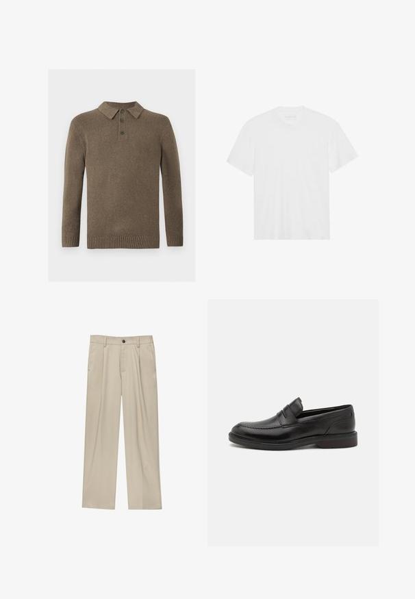 Brauner Strick-Polo-Pullover mit langen Ärmeln, drei dunklen Knöpfen und gerippten Bündchen und Saum, auf einem weißen Hintergrund präsentiert.; Weißes Baumwoll-T-Shirt mit kurzen Ärmeln, Rundhalsausschnitt und geradem Saum. Glatte Textur, minimalistisches Design ohne Muster oder Akzente.; Beige Hosen mit geradem Schnitt, ausgestattet mit einem einzelnen schwarzen Knopf, Gürtelschlaufen und Seitentaschen. Glatte Stofftextur und minimalistisches Design.; Schwarze Lederloafers mit genähter Zehenpartie, zwei horizontalen Riemen über dem Blatt und einem Holzabsatz. Glatte Textur und abgerundete Form.