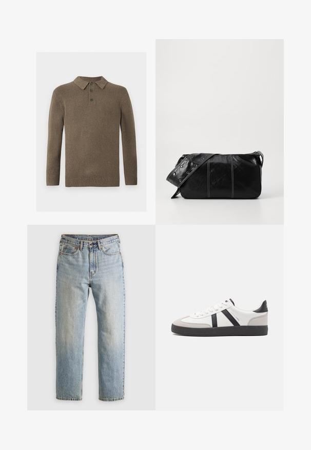 Bruine gebreide lange mouwen polo trui met drie donkere knopen en geribde manchetten en boord, weergegeven op een witte achtergrond.; Lichtblauwe denim jeans met hoge taille, frontknop, rits en vijfzakkenontwerp, plat gelegd op een neutrale achtergrond.; Witte sneaker met zwarte en grijze accenten, voorzien van een grijze neus met textuur, zwarte rubberen zool en platte witte veters. Schoon ontwerp, minimalistische stijl.; Zwarte leren schoudertas met een ritsluiting, voorzien van een gestructureerd lichaam, witte stiksels en een band met zilveren oogjes.