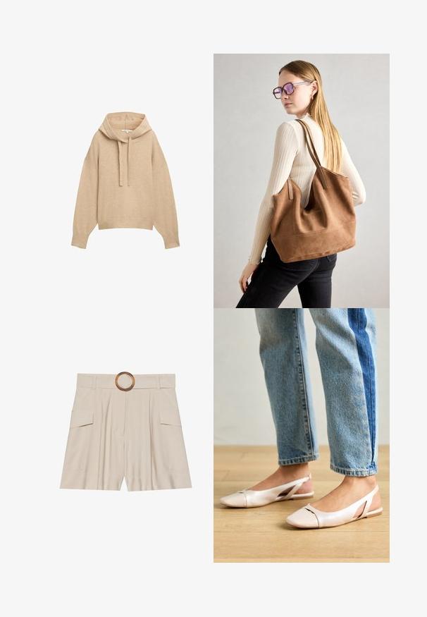 Beige kapuutsiga spordipusa, millel on lai lõige, soonikkoes randmeotsad ja sääred. Omab reguleeritavat kapuutsi ning pehmet, tekstuurset kangast.; Beežid kõrge vöökohaga lühikesed püksid laia ja lameda vööga, puidust ümmargune klamber, volditud esiosa ja kaks küljetaskut. Sile kangatekstuur.; Kahvatu roosa slingback lapikute jalatsite paar, millel on terav varvas, valmistatud siledast nahataolisest materjalist. Omab külgedel lõikekohti ja lapikut kontsa.; Pruunist suedi kott pehme tekstuuriga, suure ava ja pikkade rihmadega. Omab lihtsat disaini nähtava õmblusega ja ilma metalldetailideta.