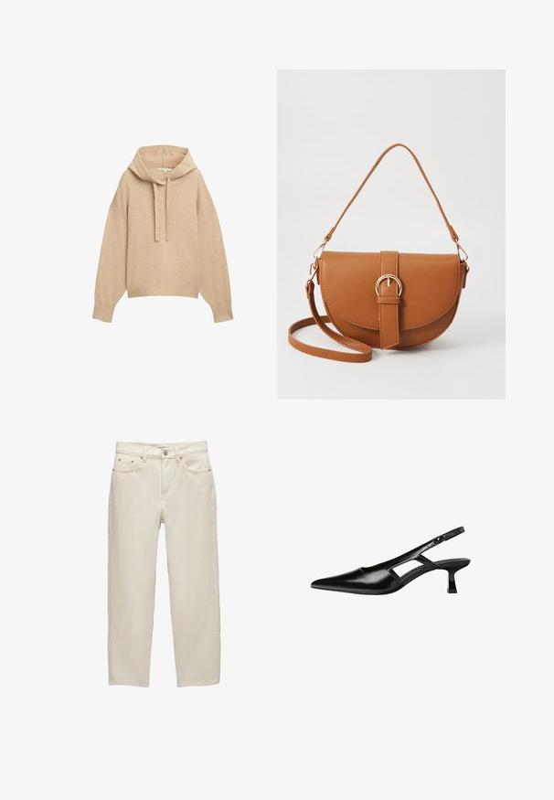 Biserna dukserica s kapuljačom, slobodnog kroja, s rebrastim manžetama i donjim rubom. Ima kapuljaču s vezicom i meku, teksturiranu tkaninu.; Bijele traperice od denima s opuštenim krojem, s ravnim nogavicama, dizajnom s pet džepova i metalnim detaljima s suptilnom teksturom.; Crne lakirane natikače na remenčić sa špicastim nosom, dizajnom sa izrezima sa strane i malim kvadratnim potplatom. Glatka tekstura s minimalnim akcentima.; Smeđa kožna torba preko tijela s zakrivljenim oblikom, zlatnim metalnim detaljima i naglaskom na kopču. Ima odvojivu naramenicu.