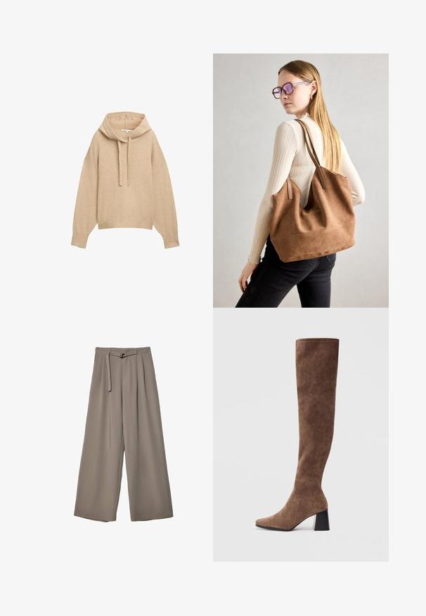 Beige Kapuzensweatshirt mit lockerer Passform, gerippten Bündchen und Saum. Verfügt über eine Kordelzugkapuze und einen weichen, strukturierten Stoff.; Weite Hose aus einem weichen, gedämpften grauen Stoff, mit einem taillierten Bund und Falten für zusätzliche Design-Details. Glatte Textur, keine Muster.; Braune Overknee-Stiefel aus weichem Wildleder mit spitzer Zehenform und einem massiven schwarzen Absatz. Das Design verfügt über nahtlose Nähte für einen eleganten Look.; Braune Wildleder-Tasche mit weicher Textur, großer Öffnung und langen Trägern. Sie verfügt über ein simples Design mit sichtbarem Stich und ohne Beschläge.