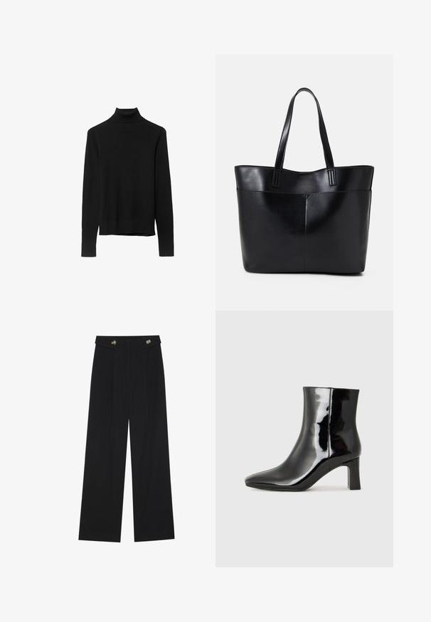 Pull à col roulé noir en tricot doux. Présente des manches longues et un design ajusté avec un ourlet droit.; Pantalons larges noirs à taille haute, avec des détails de boutons à la taille et des plis sur le devant.; Bottines en cuir verni noir avec un bout pointu et un talon block de hauteur moyenne. Texture lisse et design minimaliste.; Sac fourre-tout en cuir noir avec deux longues poignées, une texture lisse et une forme structurée. Dispose d'une poche avant pour un rangement supplémentaire.