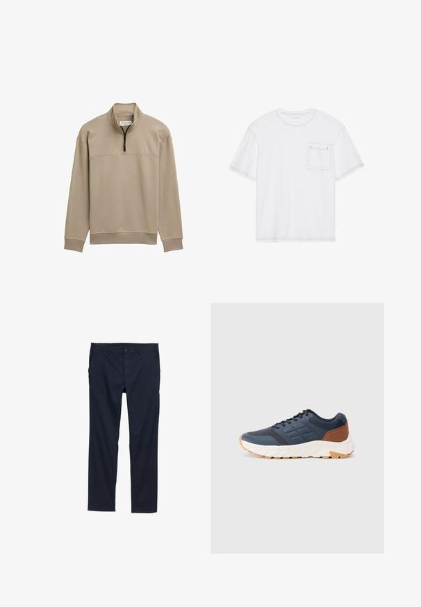 Beige boleró pulóver fél cipzárral, bordázott mandzsettákkal és aljjal, valamint mellkasi panellel. Jellemzője egy diszkrét logó a bal oldalon.; Fehér pamut póló rövid ujjal, kerek nyakkivágással és mellzsebbel. Kontrasztos varrással a széleken.; Sötétkék, könnyű nadrág sima textúrával, egyenes szárú dizájnnal, gombos záródással és oldalsó zsebekkel.; Sötétkék sportcipők barna sarokdísszel, texturált hálós felsőrésszel, párnázott nyakkal és fehér gumitalppal, melynek mintázott lépése van.