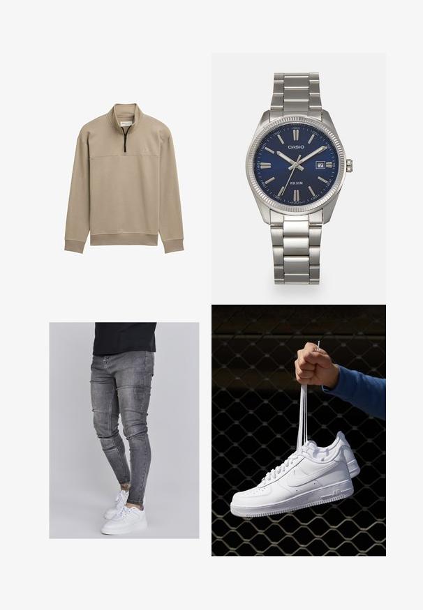 Bež flis pulover s polovičnim zadrgo na ovratniku, rebrastimi manšetami in roba ter prsno ploščo. Ima subtilen logotip na levi strani.; Oprijete jeans hlače iz izbledele sive denima, z obrabljenimi detajli na kolenih, v kombinaciji z belimi športnimi copati. Gladka tekstura, oblikovan slim fit dizajn.; Bela usnjena športna obutev s perforacijami, okroglo konico, ravnim podplatom in debelimi vezalkami, z vidnim logotipom smoosh in napisom "AIR" na peti.; Srebrna nerjaveča jeklena ura z modrim številčnico, kovinskimi kazalci ter oknom za datum na 3. uri. Vodoodporna do 50 metrov.