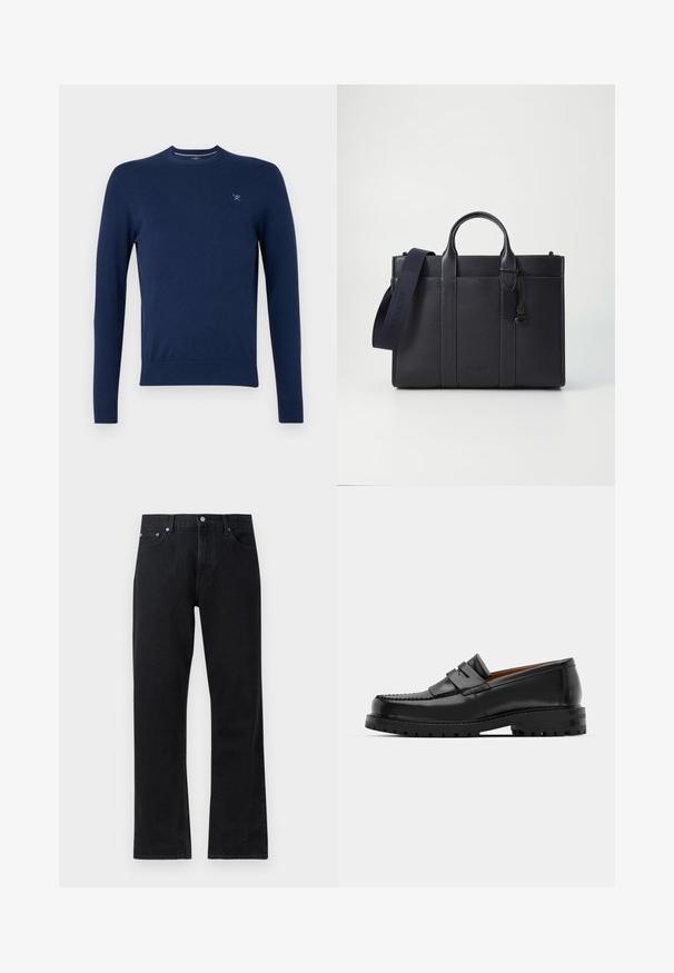 Marinblå crew-neck-tröja, tillverkad av mjukt tyg, med långa ärmar och en liten, ljusblå logotyp på vänster bröst. Slät textur.; Svarta denimjeans med rak bendesign, med knappstängning, femfickorsstil och subtila sömdetaljer.; Svarta läderloafers har en upphöjd söm, två dekorativa remmar på ovansidan och en tjock texturerad sula för ökat grepp.; Mörk marinblå läderportfölj med dubbla övre handtag och avtagbar rem. Utmärkt med strukturerad yta, vertikal sömnad och logotypdetalj.