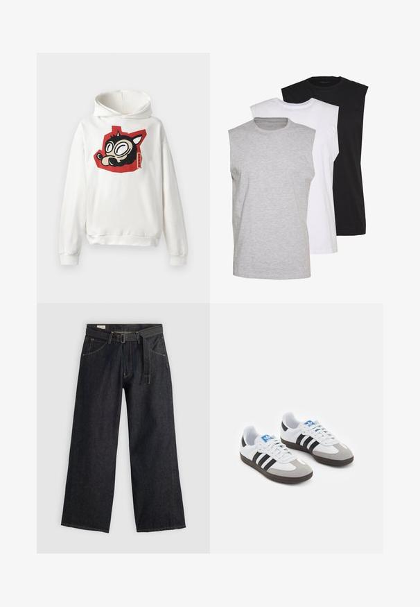 Hanorac alb cu glugă, prezentând un grafic cu fața unui animal de desen animat negru pe un fundal roșu. Fabricat dintr-un material moale, cu manșete cu nervuri.; Trei tricouri fără mâneci, în culorile gri, alb și negru. Material moale din bumbac, cu guler rotund și croi lejer. Design simplu, fără modele.; Pantaloni largi din denim închise la culoare, cu talie beltată, având buzunare frontale și cusături contrastante. Textură netedă cu un design simplu.; Încălțăminte sport cu un superior din piele albă, vârf din suede gri și trei dungi negre. Prezintă un logo albastru pe limbă și o talpă din cauciuc texturat.