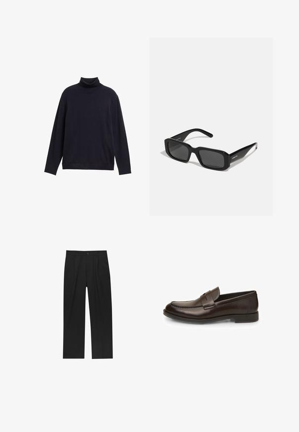 Granatowy sweter z golfem wykonany z gładkiego dzianiny, z długimi rękawami i luźnym krojem. Małe logo na piersi.; Czarne spodnie o prostym kroju, wykonane z gładkiego materiału. Posiadają zakładki z przodu i pojedyncze zapięcie na guziki w pasie.; Brązowe skórzane mokasyny o gładkiej fakturze, zaokrąglonym nosku i detalach przeszycia. Posiadają niski, piętrowy obcas i są wygodne w zakładaniu.; Arnette THEKIDD UNISEX - Okulary przeciwsłoneczne