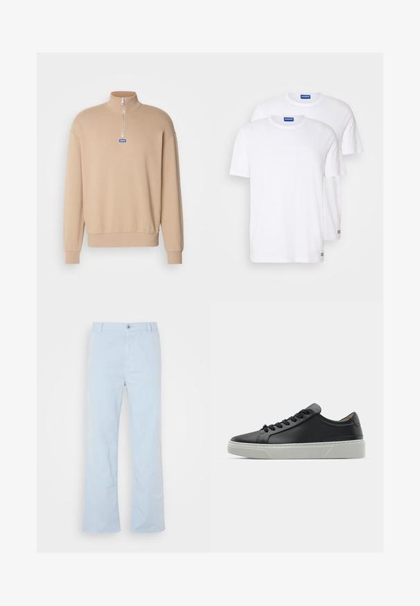 Hanorac crem cu fermoar, cu guler înalt, mâneci lungi și o patch cu logo albastru. Material moale, cu manșete și tiv ribat.; Două tricouri simple, albe, din bumbac, cu mâneci scurte și guler rotund, având un etichetă cu logo albastru aproape de tiv.; Pantaloni din bumbac de culoare albastru deschis, cu croi drept, închidere frontală cu buton și buzunare laterale. Textură netedă și detalii minime de coasere.; Adidași din piele neagră, cu o textură netedă, vârf rotund și șireturi negre. Prezentând o talpă groasă din cauciuc alb, cu accente geometrice subtile.