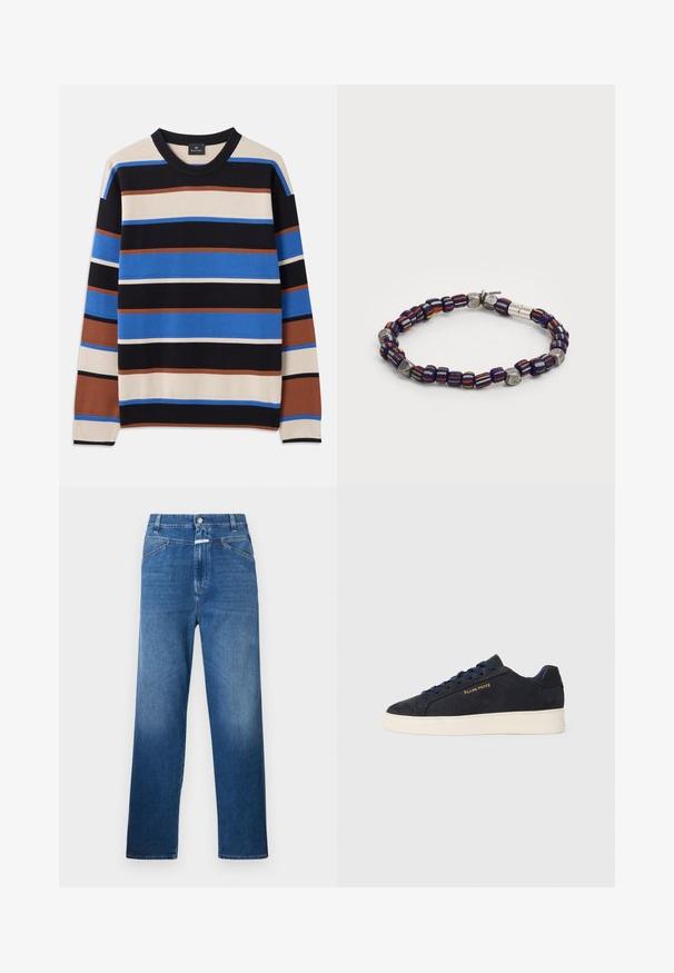 Suéter de punto con rayas horizontales en azul, negro, beige y marrón, con un cuello y puños de canalé. Textura de peso medio.; Jeans de mezclilla azul con corte recto, con cierre de botón, presillas para cinturón y un ligero desgaste en los muslos.; Zapatilla baja de ante azul marino con suela blanca, cordones azul marino y logo de "Filling Pieces" en dorado en el lateral.; Pulsera de cuentas con cuentas a rayas en tonos azul marino, naranja y amarillo, con acentos metálicos. Variaciones de cuentas lisas y texturizadas generan interés visual.