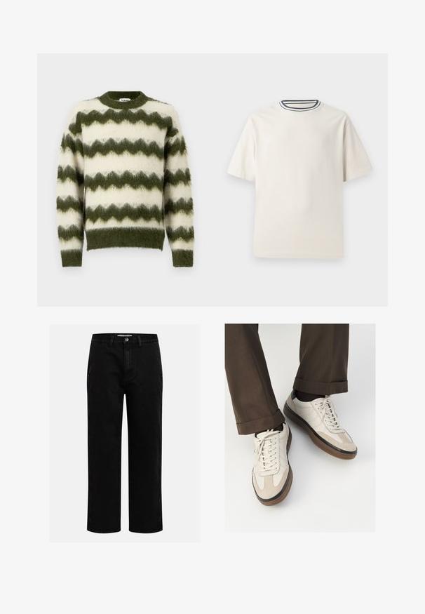 Zelena in bela pulover s cik-cak vzorcem, izdelan iz mehkega, puhastega materiala z okroglo ovratnico in rebrastimi manšetami.; Kremasta bombažna majica s kratkimi rokavi, z okroglim izrezom, okrašenim z mornarsko modrimi in belimi črtami. Gladka tekstura, sproščen kroj.; Črne denim hlače s ravnim krojem, klasičnim pet-takošnjim dizajnom in gumbom za zapiranje v pasu. Gladka tekstura in trpežna tkanina.; Bež teniske z teksturiranim prednjim delom iz usnja, gladkimi kožnimi stranicami in rjavo gumijasto podplatom. Vključene vezalke in svetla šivana detajla.