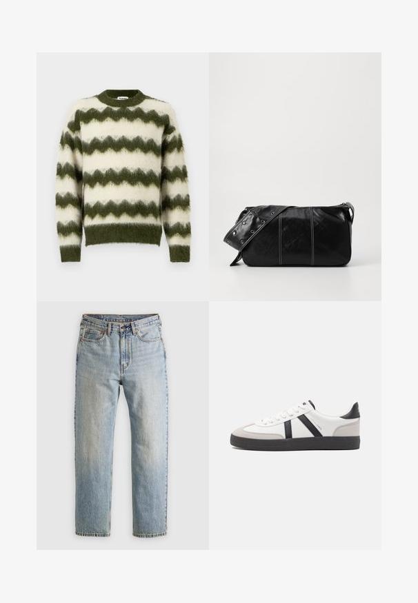 Vihreä ja valkoinen sahalaitakuosi neuletakki, joka on valmistettu pehmeästä ja pörröisestä materiaalista. Tässä on pyöreä pääntie ja resorit hihansuissa.; Vaaleansininen farkut, joissa on korkea vyötärö, etunappi, vetoketju ja viisi taskua, asetettu tasaisesti neutraalille taustalle.; Valkoiset lenkkarit mustilla ja harmailla yksityiskohdilla, joissa on teksturoitu harmaa kärki, musta kumipohja ja litteät valkoiset nauhat. Siisti muotoilu, minimalistinen tyyli.; Mustakulmainen nahkainen olkalaukku, jossa on vetoketjukiinnitys, teksturoitu pinta, valkoiset ompeleet ja hihna, jossa on hopeiset niitit.