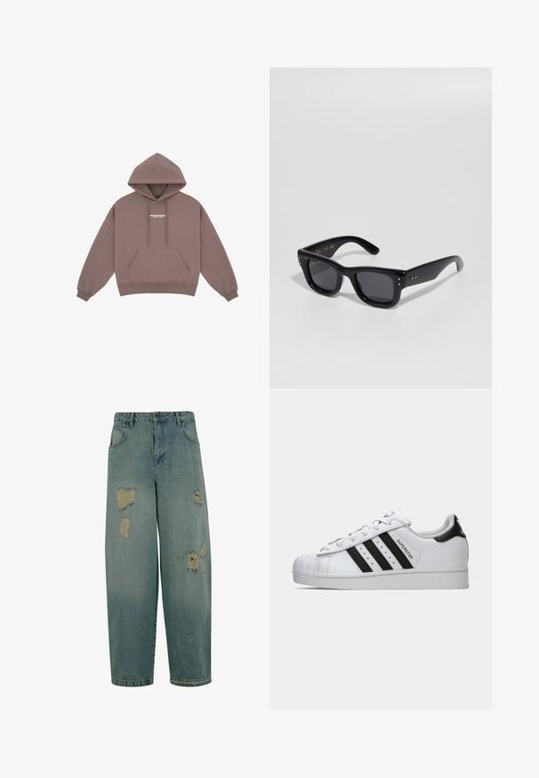 Mikina s kapucí v tlumené hnědé barvě, která má klokani kapsu, šňůrku na stažení kapuce a malé bílé logo na hrudi. Měkká textura látky.; Světle modré džíny s volným střihem, které mají více roztrhaných záplat a třepící se okraje. Klasický design s pěti kapsami.; Bílé tenisky Adidas Superstar s černými pruhy, špičkou ve tvaru skořápky a textem "Superstar" na boku, zobrazené v levém profilu na bílém pozadí.; Černé sluneční brýle s lesklým povrchem, obdélníkovým rámem, tmavými skly a zlatými logovými akcenty na spáncích. Dvě zlaté tečky na každém předním rohu.