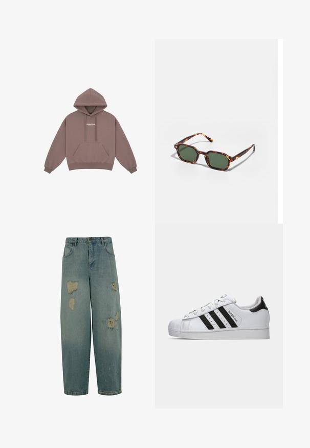 Pullover hoodie in gedempt bruin, met een kangoeroezak, een capuchon met trekkoord en een klein wit logo op de borst. Zachte stofstructuur.; Lichtblauwe denim jeans met een relaxte pasvorm, featuring meerdere versleten plekken en rafelige randen. Klassiek vijf-pocket ontwerp.; Witte Adidas Superstar sneaker met zwarte strepen, schelpneus en de tekst "Superstar" op de zijkant, weergegeven in linkse profiel op een witte achtergrond.; Tortoiseshell zonnebrillen met groene glazen, met een octagonaal formaat en slanke, gebogen armen. Materiaal heeft een glanzende afwerking.