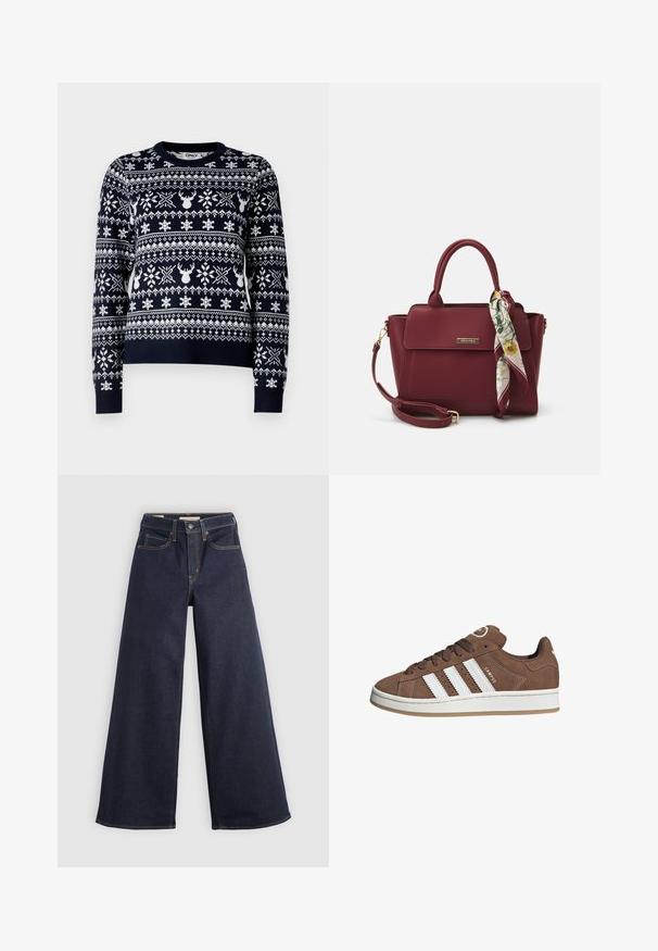 Granatowy sweter robiony na drutach z białymi wzorami śnieżynek i reniferów, okrągłym dekoltem, długimi rękawami i ściągaczem.; Biała koszula z długim rękawem, zapinana na guziki, z zaostrzonym kołnierzykiem i marszczonymi mankietami, wyeksponowana na jasnym białym tle.; Szerokie jeansy z denimu w ciemnoniebieskim kolorze z kontrastowymi przeszyciami. Charakteryzują się tradycyjnym pięciopocketowym fasonem oraz zapięciem na guzik w pasie.; Brązowe zamszowe sneakersy z białymi skórzanymi paskami, gumową podeszwą, zaokrąglonym noskiem i sznurowanym przodem. Posiadają logo na języku i perforowane akcenty.; Burgundowa torebka wykonana z materiału syntetycznego, o strukturalnym designie, z odpinanym paskiem i chustą w kwiatowy wzór związaną na uchwycie.