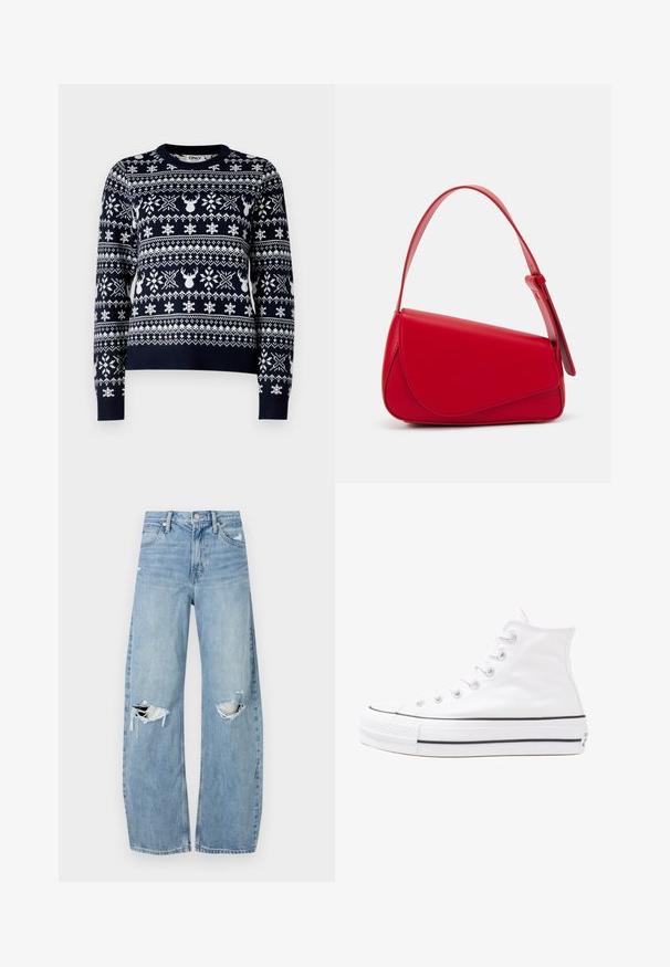 Pulover tricotat de culoare bleumarin, cu modele de fulgi de nea albi și reni, guler rotund, mâneci lungi și tiv ondulat.; Jeans de denim, de un bleu deschis, cu talie înaltă. Au picioare late, două zone rupte la genunchi și un stil clasic cu cinci buzunare.; Adidași albi tip pantofi sport cu glezna din pânză, cu talpă din cauciuc negru, capac de vârf din cauciuc frontal și șase ochiuri pentru șireturi, având un design curat și minimalist.; Geantă de mână din piele roșie, cu un design unghiular și geometric. Dispune de o singură curea ajustabilă și un sistem de închidere cu clapetă, cu detalii cusute.