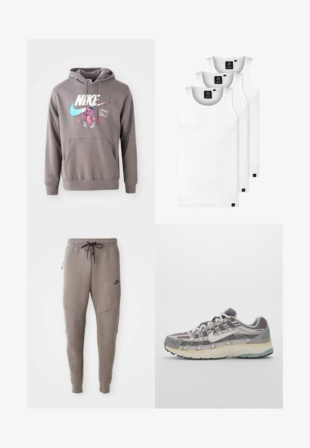 Grå hettegenser med en frontlomme, med en stor hvit Nike-logo, rosa karaktergrafikk og lyseblå detaljer. Mykt materiale, justerbar hette.; Tre hvite ribbestrikkede tank topper laget av bomull. Har en rund hals og små svarte etiketter nær kanten. Tilgjengelig i flere størrelser.; Grå Nike joggebukser med snor i midjen, smale ben, sidelommer og distinkte sømdetaljer. Myk, teksturert stoff.; Grå treningssko med overdel i nett og semsket skinn, hvite detaljer, en polstret såle, og et særpreget design med reflekterende elementer.