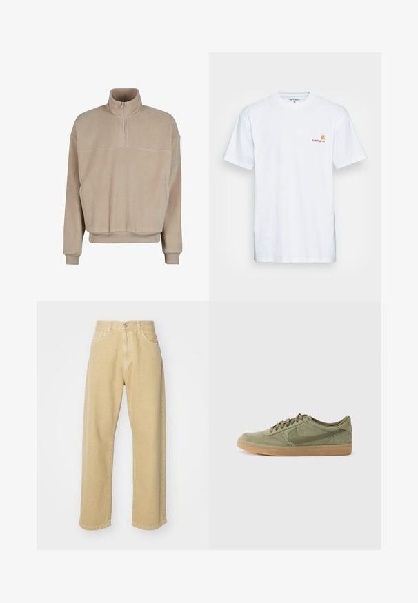 Svijetlosmeđi flis pulover s visokim ovratnikom, zatvaranjem na polu-rajfeslus, rebrastim manžetama i slobodnim krojem. Ima prednju džep za pohranu.; Bijela pamučna majica s kratkim rukavima. Dizajnirana s malim narančastim i tamnocrvenim logom na lijevoj strani prsne šupljine. Ima klasični okrugli izrez.; Bež traperice ravnog kroja, s pet džepova, zatvaranjem na gumb i čisto završenim rubom. Mekana tekstura.; Zelene suède tenisice s gumiranim potplatom, okruglim vrhom i dizajnom na vezanje. Imaju Nikeov prepoznatljivi logo u tamnije zelenoj boji.